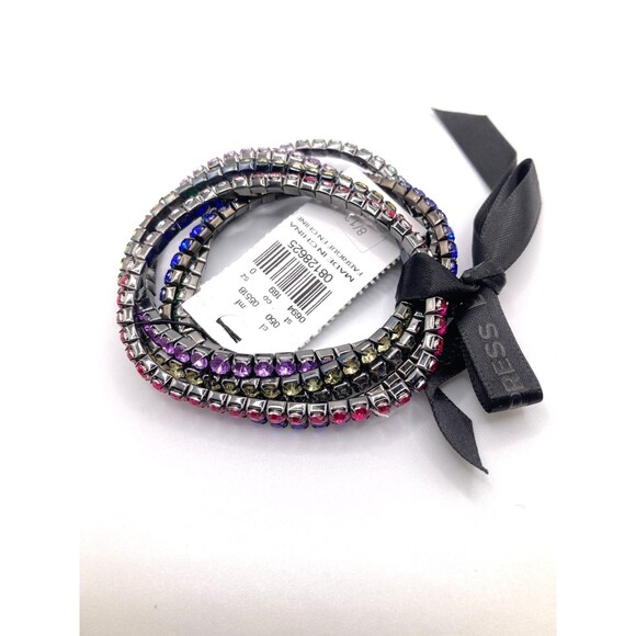 EXPRESS Multicolor Rhinestone on Grey Tone Metal Stretch Bracelets Set - Picture 4 of 6